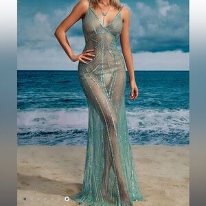 Elegant Sheer Aqua Evening Gown